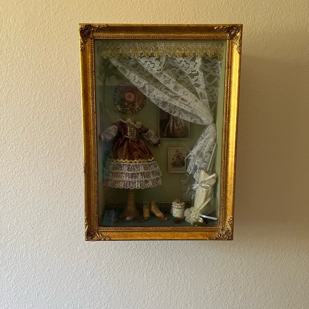 Vintage wood glass Shadow box framed victorian lace dress wall hanging